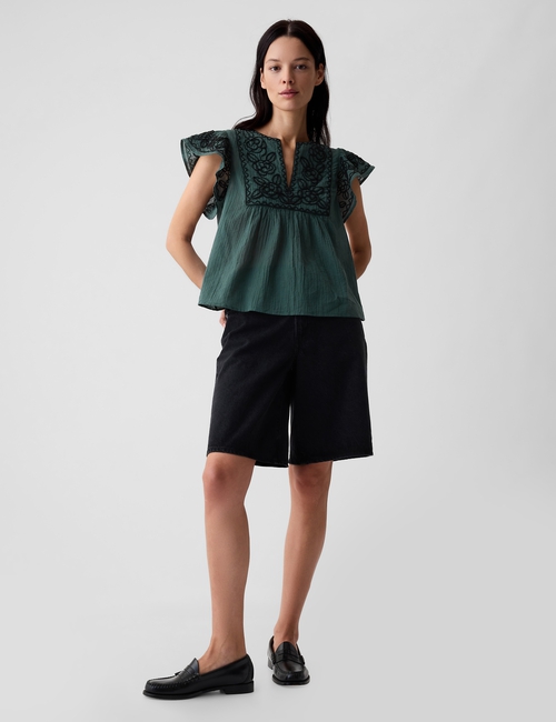 Crinkle Gauze Embroidered Cropped Shirt