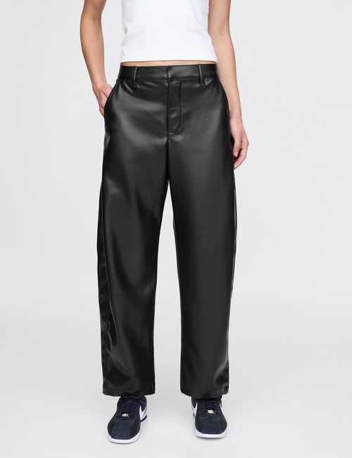 Mid Rise Vegan Leather Barrel Pants