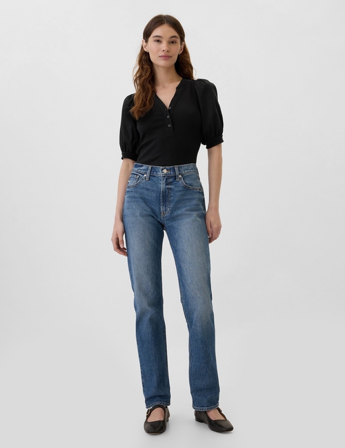 Ribbed Henley Puff Sleeve Top