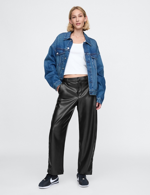 Mid Rise Vegan Leather Barrel Pants