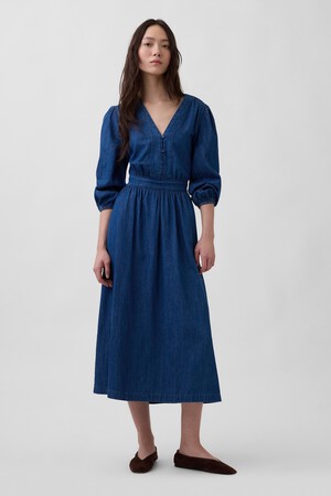 Denim Pieced-Waist Midi Dress