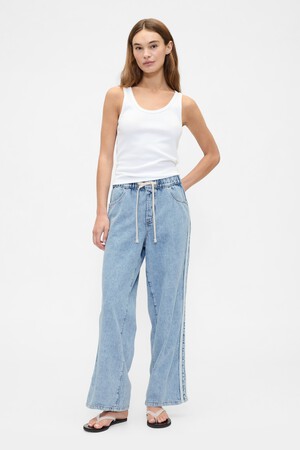 High Rise Pull-On Stripe Wide-Leg Jeans