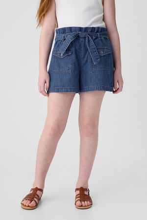 Kids High Rise Paperbag Denim Shorts