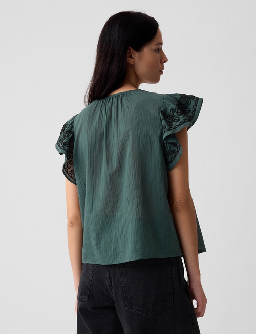 Crinkle Gauze Embroidered Cropped Shirt
