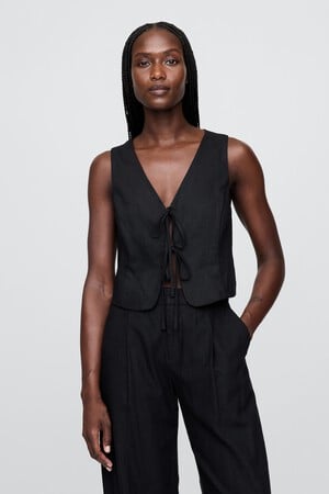 Linen-Blend Tie-Front Crop Vest