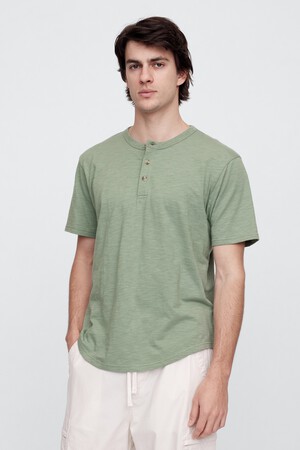 Lived-In Relaxed Curved Hem Henley T-Shirt