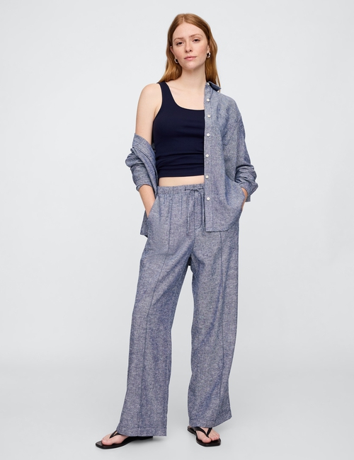 Mid Rise Linen-Blend Pull-On Wide-Leg Pants