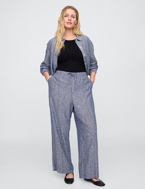 Mid Rise Linen-Blend Pull-On Wide-Leg Pants