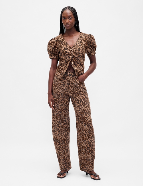 SS PUFF SLV VNECK FASHION SHIRT - LEOPARD