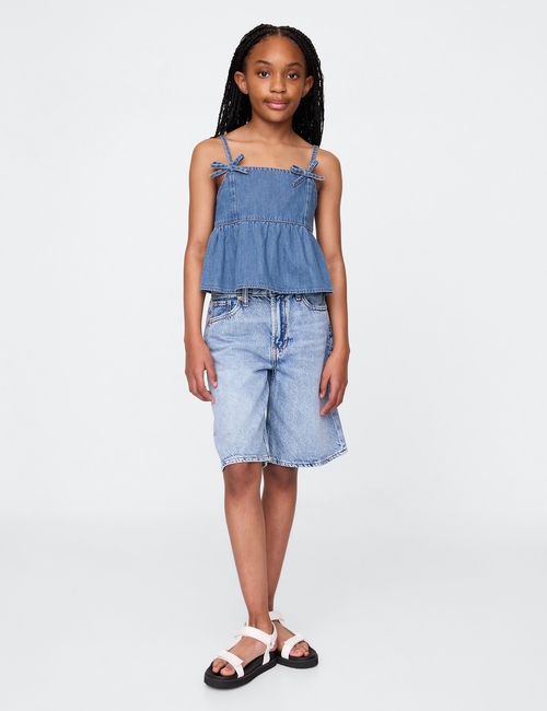 Kids Denim Bow-Strap Peplum Top