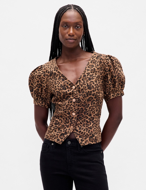 SS PUFF SLV VNECK FASHION SHIRT - LEOPARD