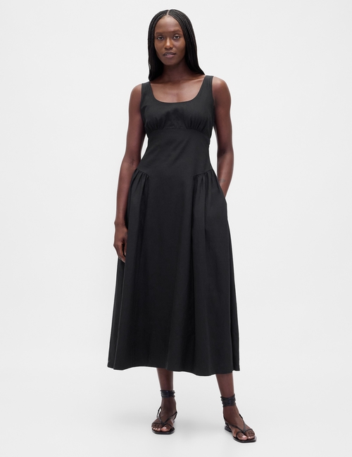 Linen-Blend Shirred Maxi Dress