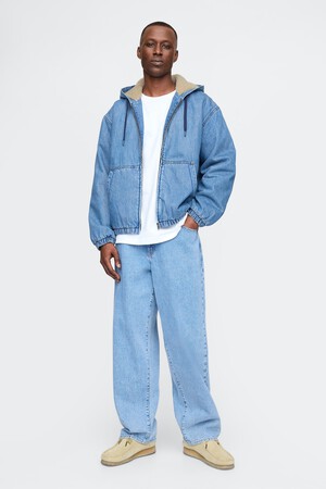 Oversized Sherpa-Lined Denim Zip Hoodie