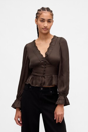 LS EYELET BTTN FRONT FEMME TOP