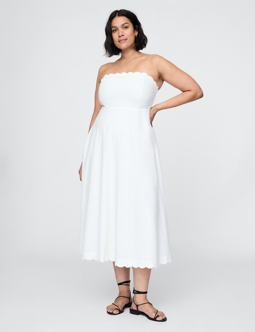 Linen-Blend Scalloped Midi Dress