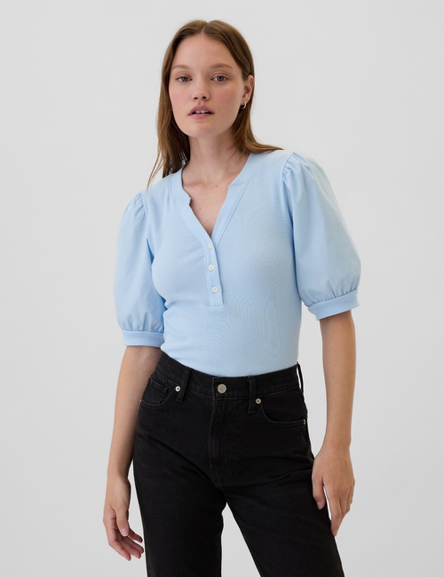 Ribbed Henley Puff Sleeve Top