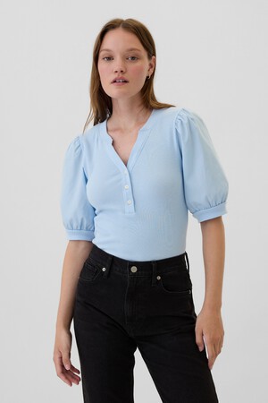 Ribbed Henley Puff Sleeve Top