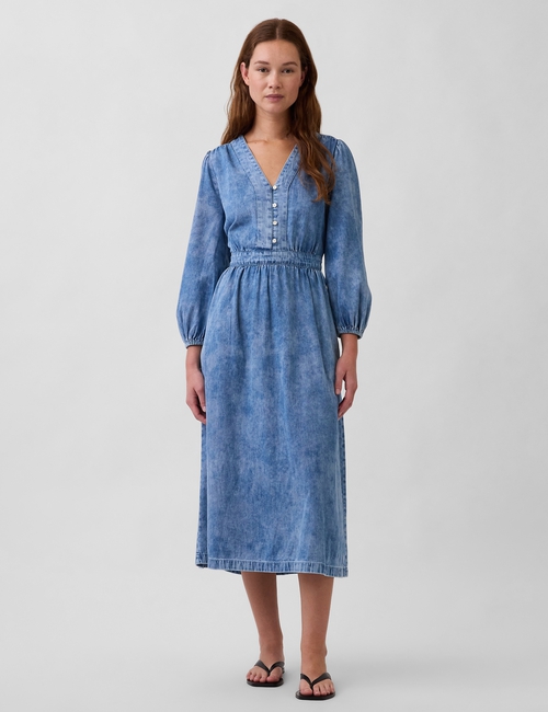 LS GATHERED MIDI DRESS - LT POPPY