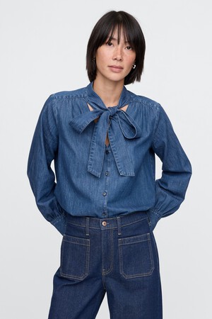 Denim Tie-Neck Shirt