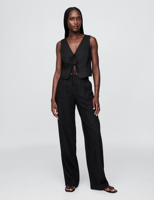 Linen-Blend Tie-Front Crop Vest