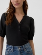 Ribbed Henley Puff Sleeve Top