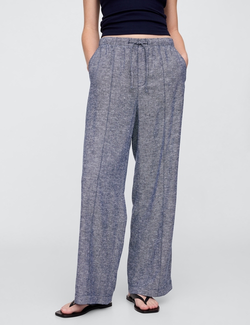 Mid Rise Linen-Blend Pull-On Wide-Leg Pants