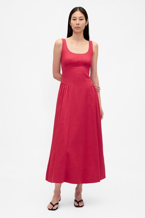 Linen-Blend Shirred Maxi Dress