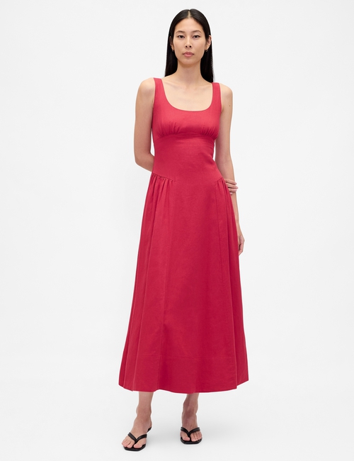 Linen-Blend Shirred Maxi Dress