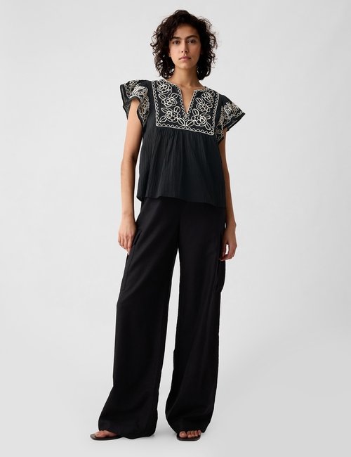 Crinkle Gauze Embroidered Cropped Shirt
