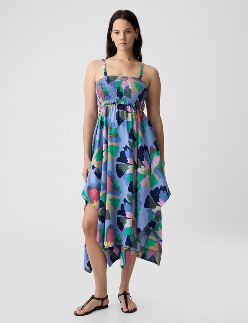 Smocked Handkerchief Hem Midi Dress