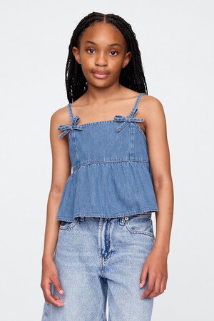 Kids Denim Bow-Strap Peplum Top