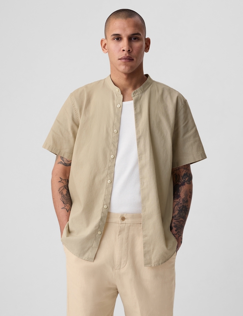 Linen-Cotton Collarless Shirt