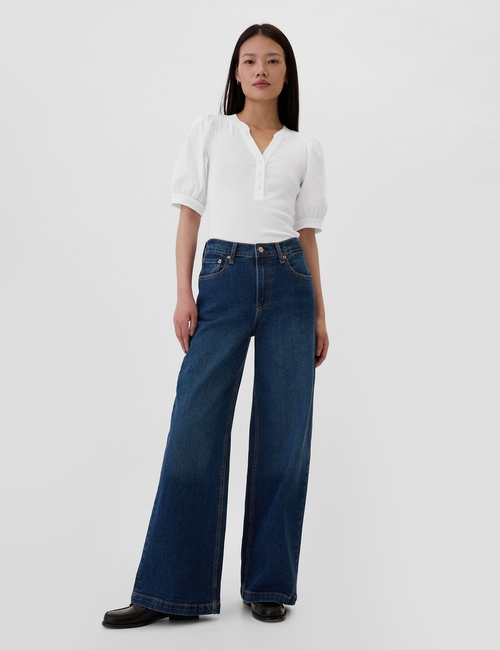 Ribbed Henley Puff Sleeve Top