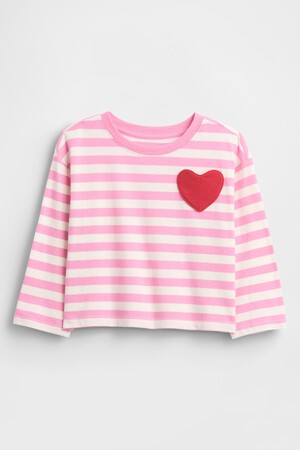 LS STRIPE HEART PKT TEE