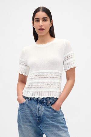 Linen-Blend Pointelle Sweater Crop Top