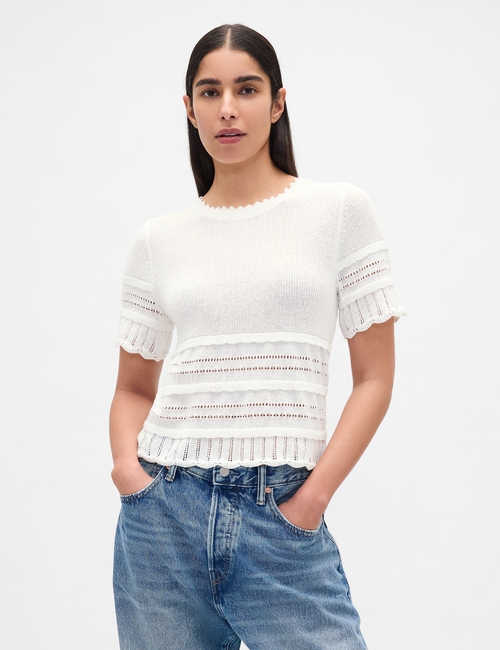 Linen-Blend Pointelle Sweater Crop Top