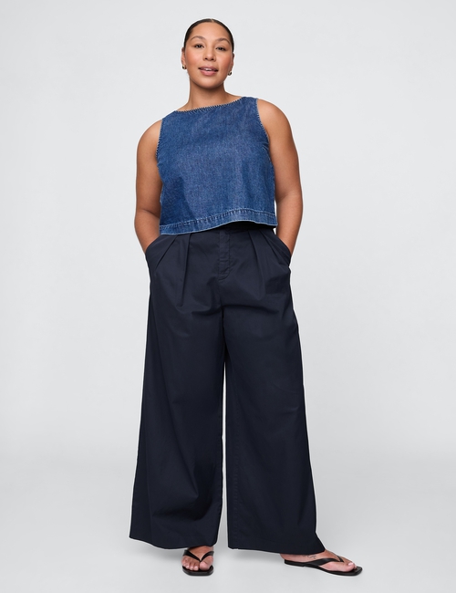 High Rise Twill Pleated Wide-Leg Khakis