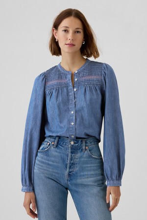Puff-Sleeve Lace-Trim Denim Shirt