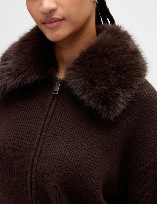 CashSoft Faux-Fur Collar Zip Cardigan Sweater