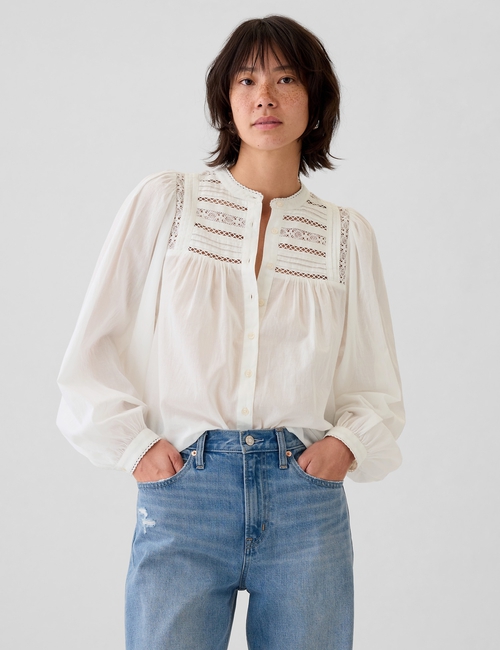 Puff Sleeve Lace-Trim Shirt