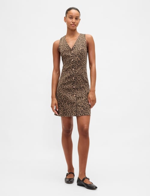 Leopard Denim V-Neck Mini Dress