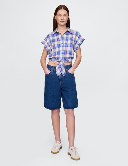 Linen-Blend Cropped Tie-Front Shirt