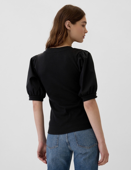 Ribbed Henley Puff Sleeve Top
