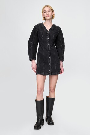 Barrel-Sleeve Denim Mini Dress