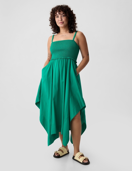 Smocked Handkerchief Hem Midi Dress