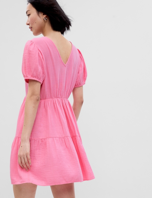 Crinkle Gauze Puff Sleeve Tiered Mini Dress