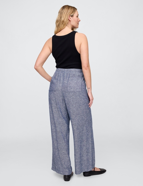 Mid Rise Linen-Blend Pull-On Wide-Leg Pants