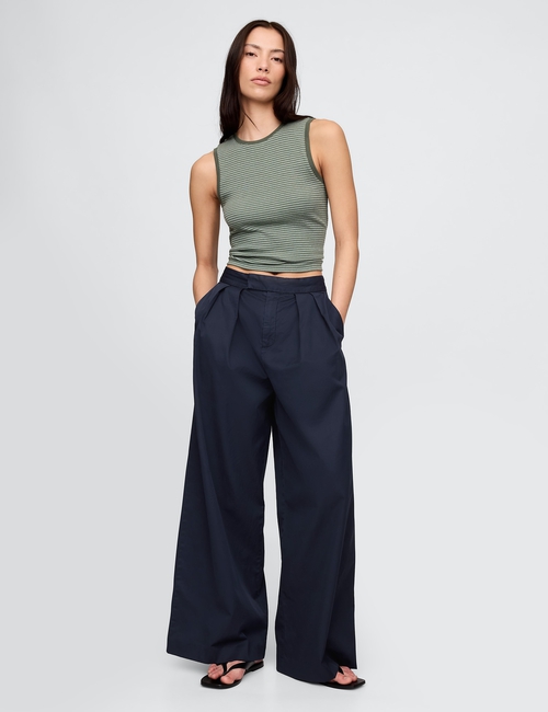 High Rise Twill Pleated Wide-Leg Khakis