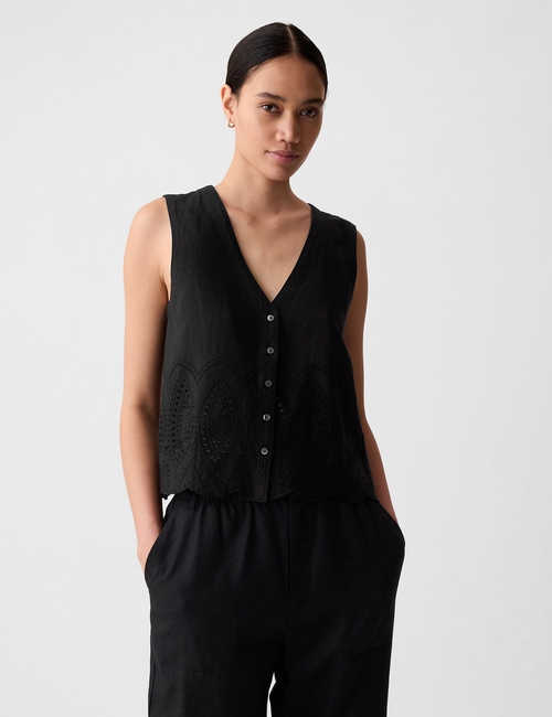 Linen-Blend Eyelet Vest