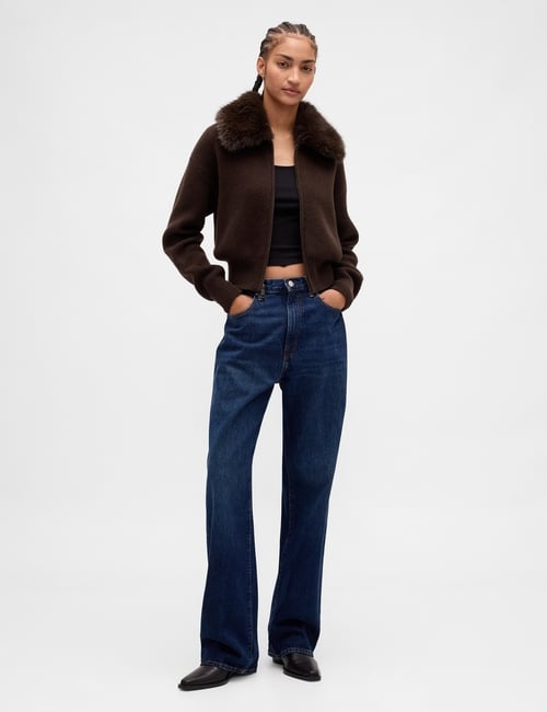 CashSoft Faux-Fur Collar Zip Cardigan Sweater